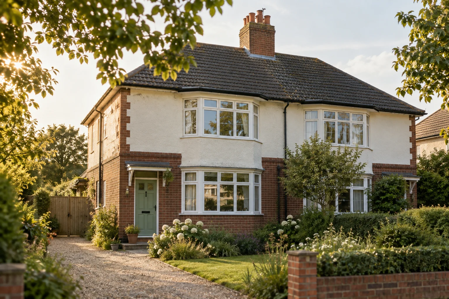 An inviting British brick house with a sage green door and a leafy front garden